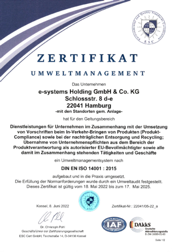 e-systems GmbH Umweltmanagement Zertifikat DIN EN ISO 14001:2015